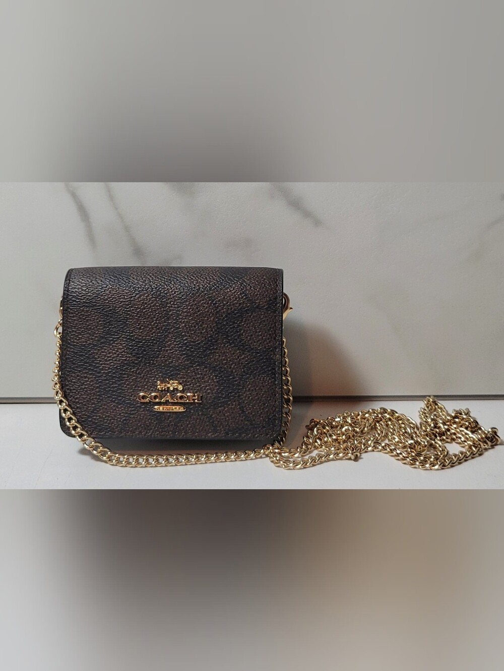 Coach Mini Wallet on a Chain Crossbody Bag Signature Canvas Walnut NWT